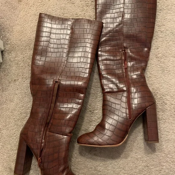 Brown Croc-Embossed Knee-High Boots - Picture 2 of 4